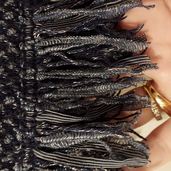 NWOT Women's White House Black Market Size M Blue Metallic Knit Fringe Sweater - Picture 7 of 11